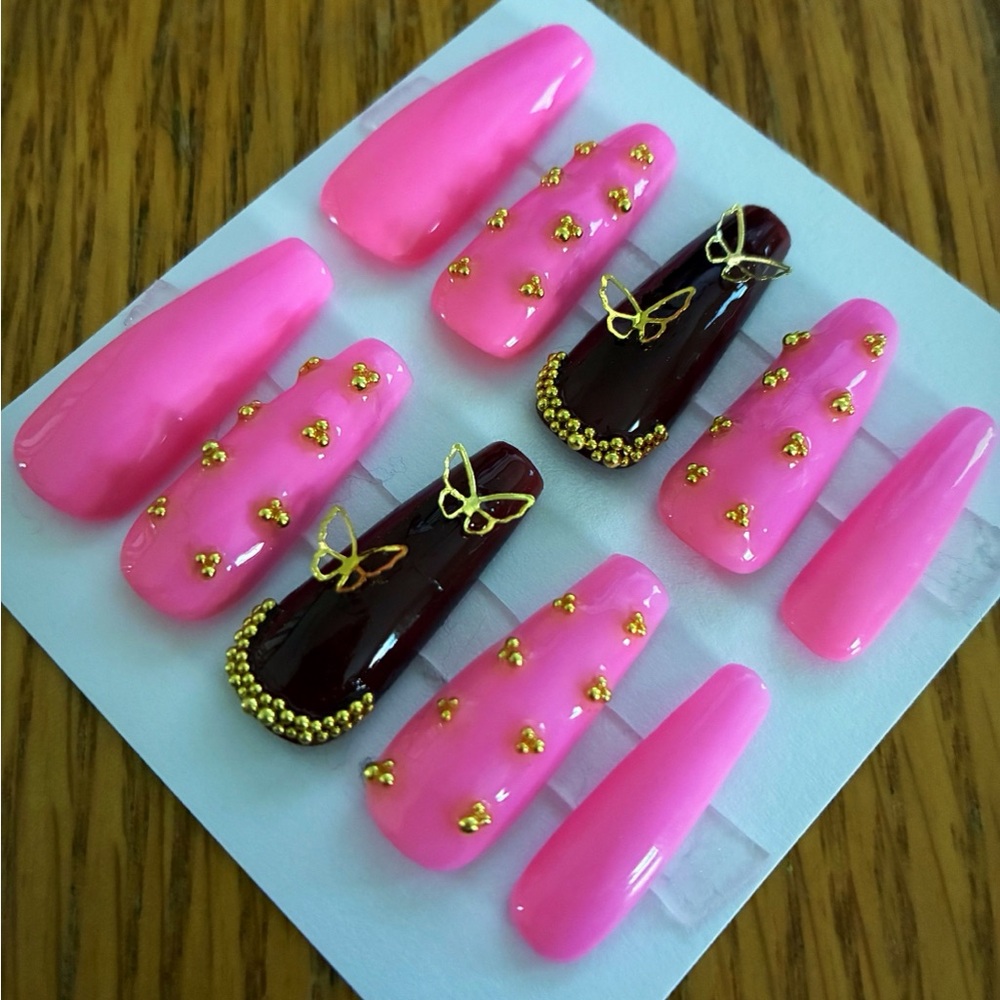 Pink and Brown Nail Art Set with Gold Accents